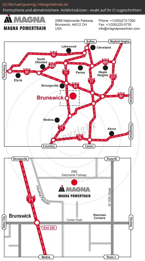 Anfahrtsskizzen erstellen / Anfahrtsskizze Brunswick / Ohio / USA (Übersichtskarte und Detailkarte)   MAGNA Powertrain