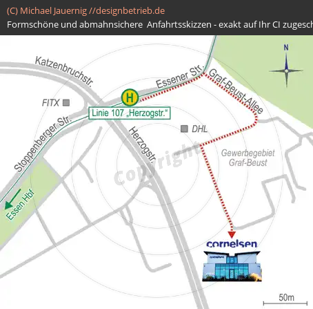 Anfahrtsskizzen erstellen / Anfahrtsskizze Essen   Fußweg ÖPNV bis Ziel | Cornelsen Umwelttechnologie GmbH