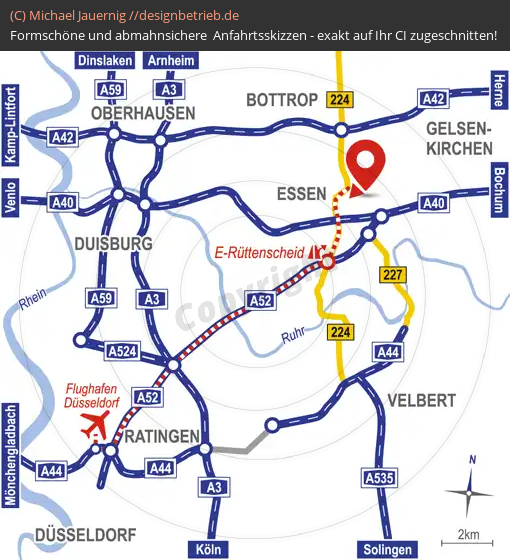 Anfahrtsskizzen erstellen / Anfahrtsskizze Essen Übersichtskarte  Flughafen Düsseldorf bis Essen | Cornelsen Umwelttechnologie GmbH