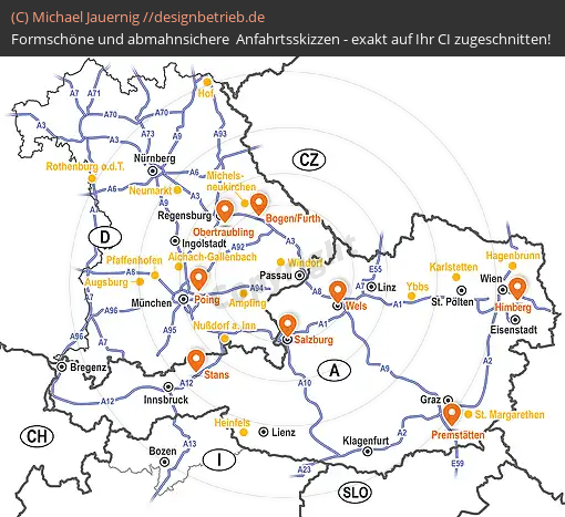 Anfahrtsskizzen erstellen / Anfahrtsskizze Bayern, Österreich, Südtirol Regionenkarte   Tschann Nutzfahrzeuge GmbH